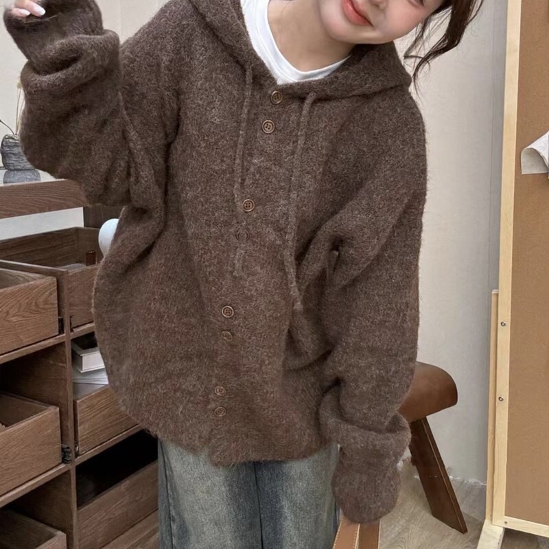 秋冬の女性用フード付きセーターカーディガン、厚みのある韓国風ルーズレイジースタイルニットセータージャケット、柔らかくワックスのようなトップ|undefined