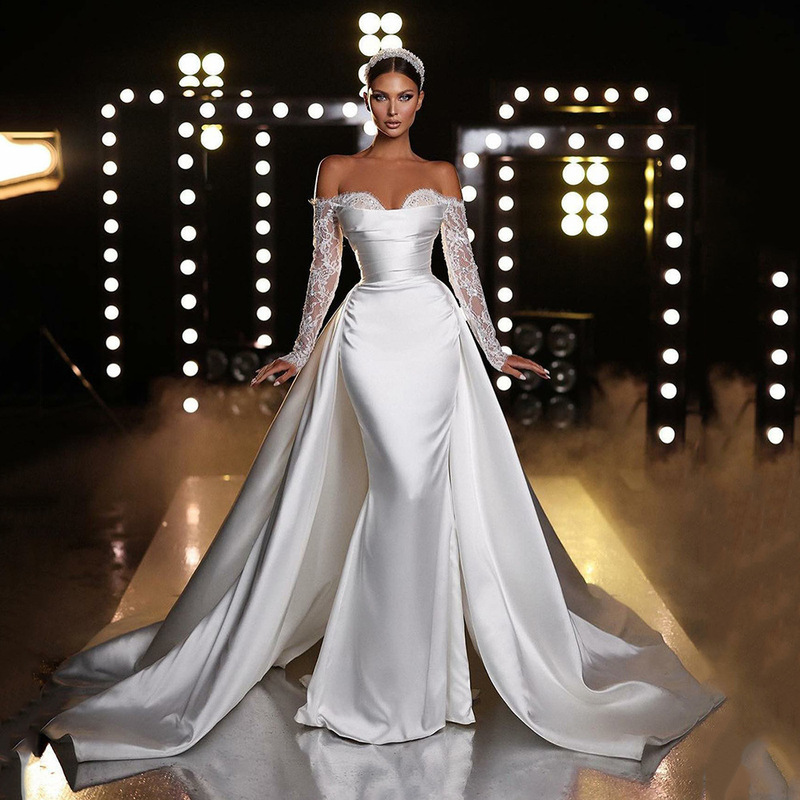 Satin Off-Shoulder Wedding Dress Amazon European and American Sexy Fashion Two-Way Wear Trailing White Wedding Dress 2026 Summer New Style