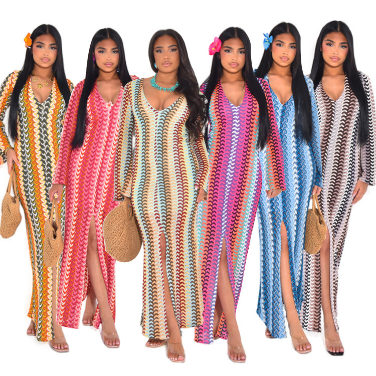 European and American Cross-border Fashion Women's Elegant Vacation Style Woven Multicolor V-neck Split Design Style Dress
