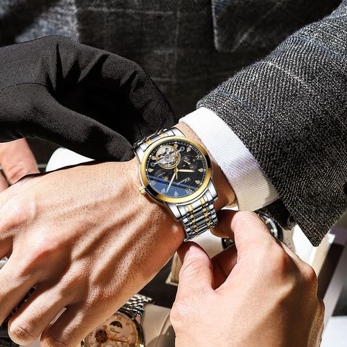 New Dawn Men's Watch Hollow Flywheel Sun, Moon and Stars Waterproof Steel Strap Luminous Fully Automatic Mechanical Watch for Men