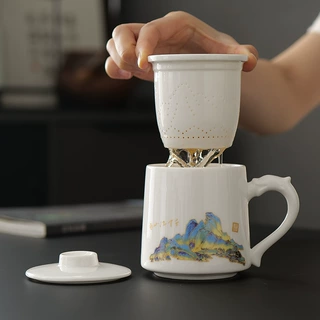 羊脂玉白瓷茶杯茶水分离个人专用杯高端马克杯大容量办公泡茶水杯