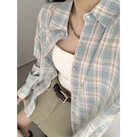 D142【实价】蓝白格子翻领长袖衬衫女中长款小众休闲盐系防晒上衣