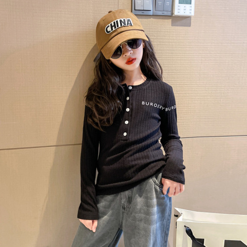 Girls' T-shirt Spring and Autumn 2024 New Stylish Children's Autumn Outfit Base Shirt White Middle and Large Girls' Long Sleeve Top