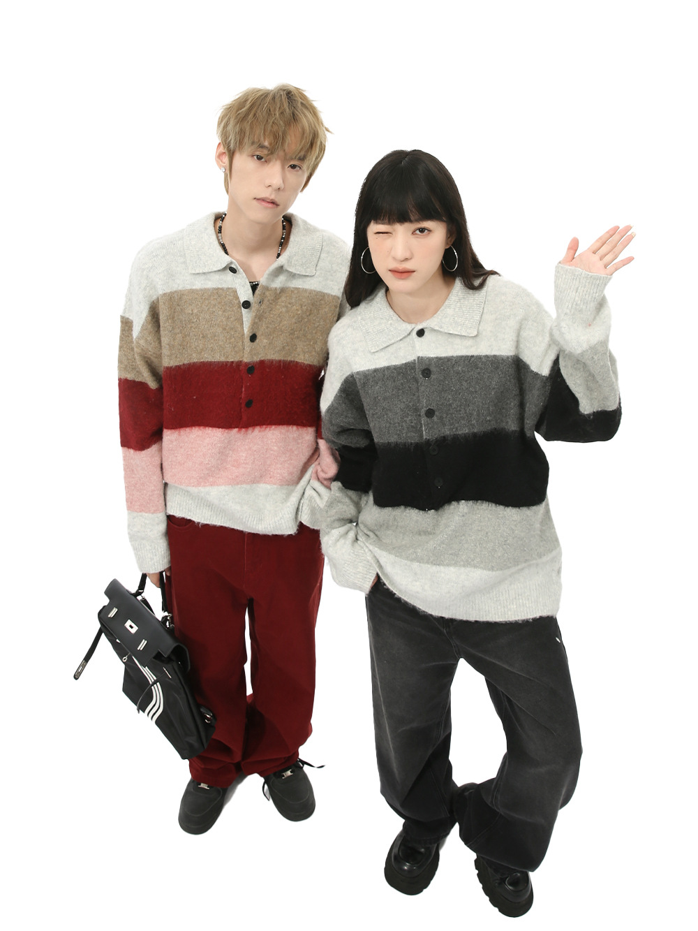 MTLCLOTHES Hombres| Nuevo otoño nicho de color a rayas gruesas retro solapa polo camisa de punto superior