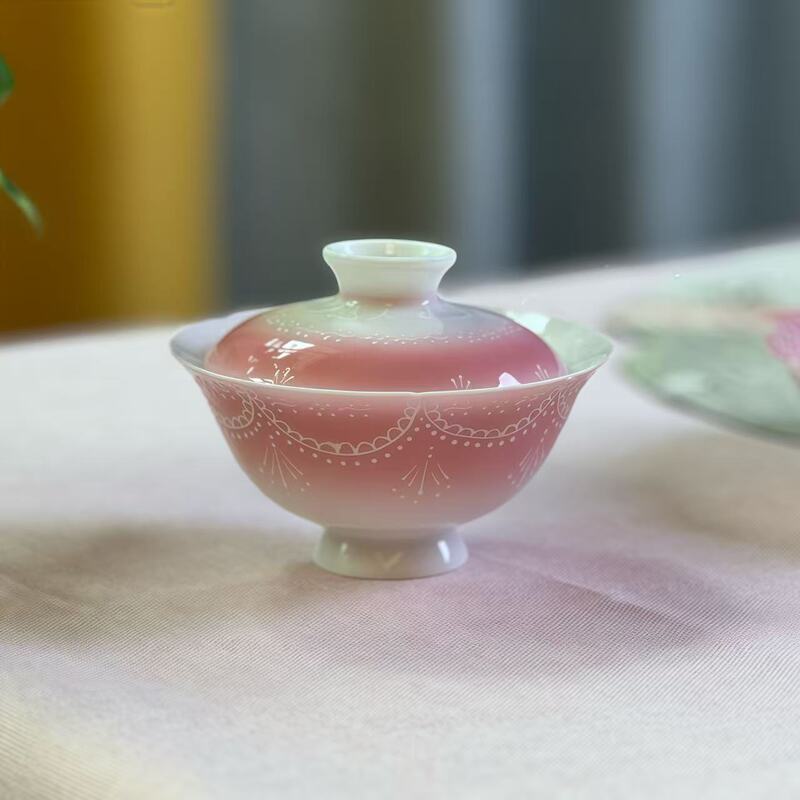 手绘珠帘陶瓷盖碗茶杯高颜值功夫茶具花口粉色泡茶碗手工中式茶盏|undefined