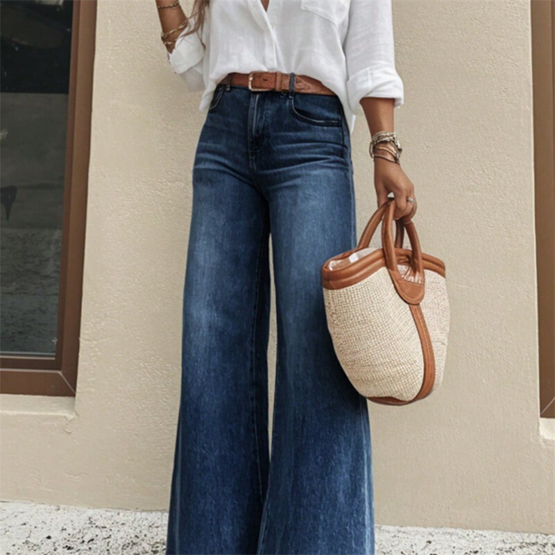 Cross-Border American-Style Flared Wide-Leg Jeans, Stretchy Women's New Loose High-Waisted Slimming Straight-Leg Pants, Floor-Length Trousers