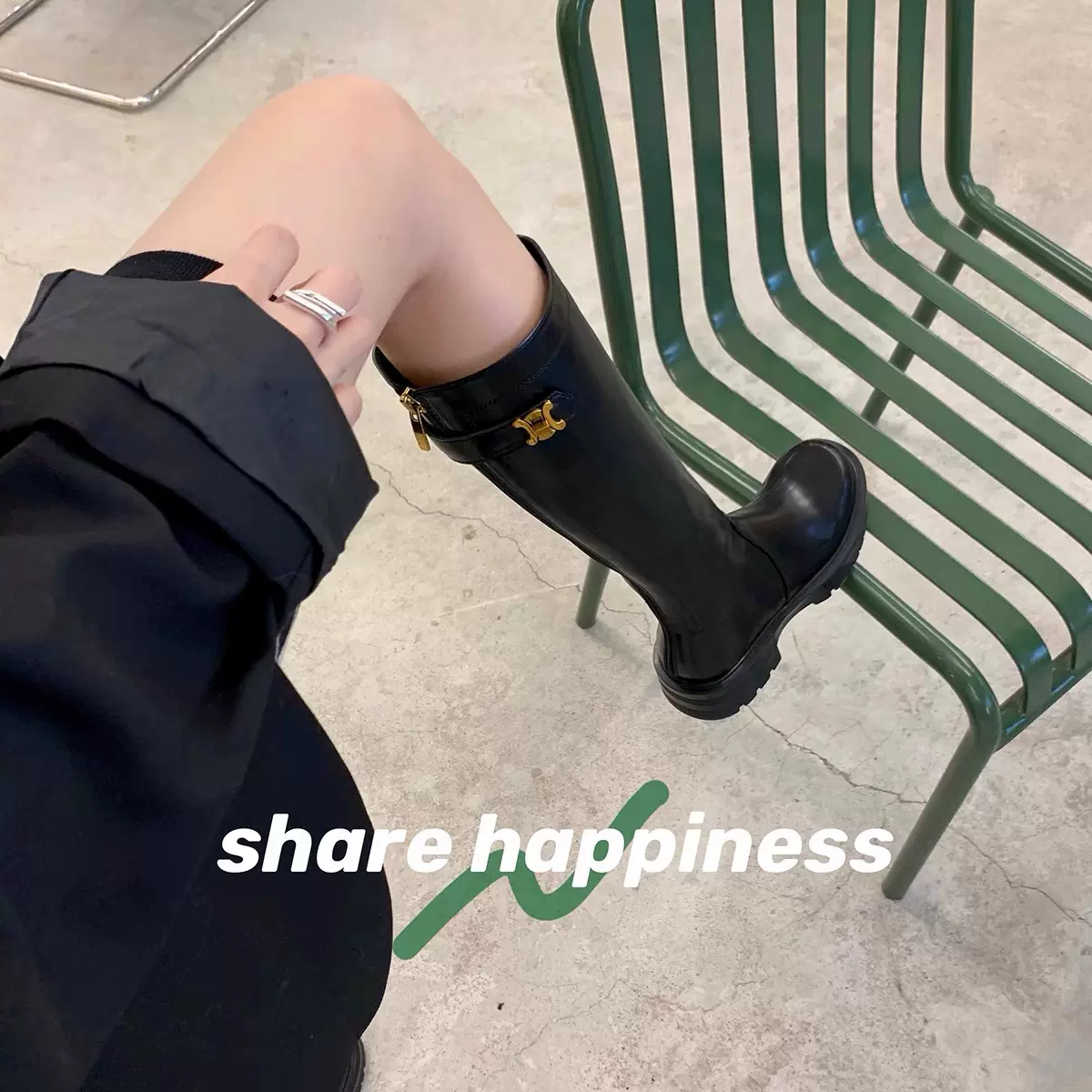 现货凯旋门金属小金扣后拉链圆头厚底中粗跟长高筒骑士靴女