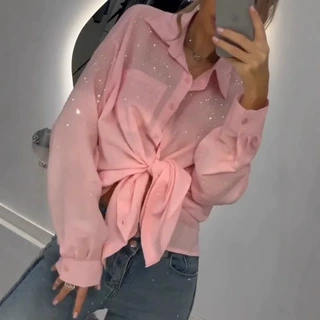 现货欧美亮片衬衣独立站2025春夏新款薄款衬衫女上开衫宽松上衣