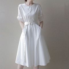 年新款夏季冷淡风女装高级感轻熟风御姐白色衬衫炸街连衣裙子