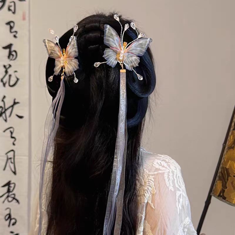 会抖动的蝴蝶发夹出游搭配娟纱蝴蝶对夹古风汉服日常头饰品发夹女