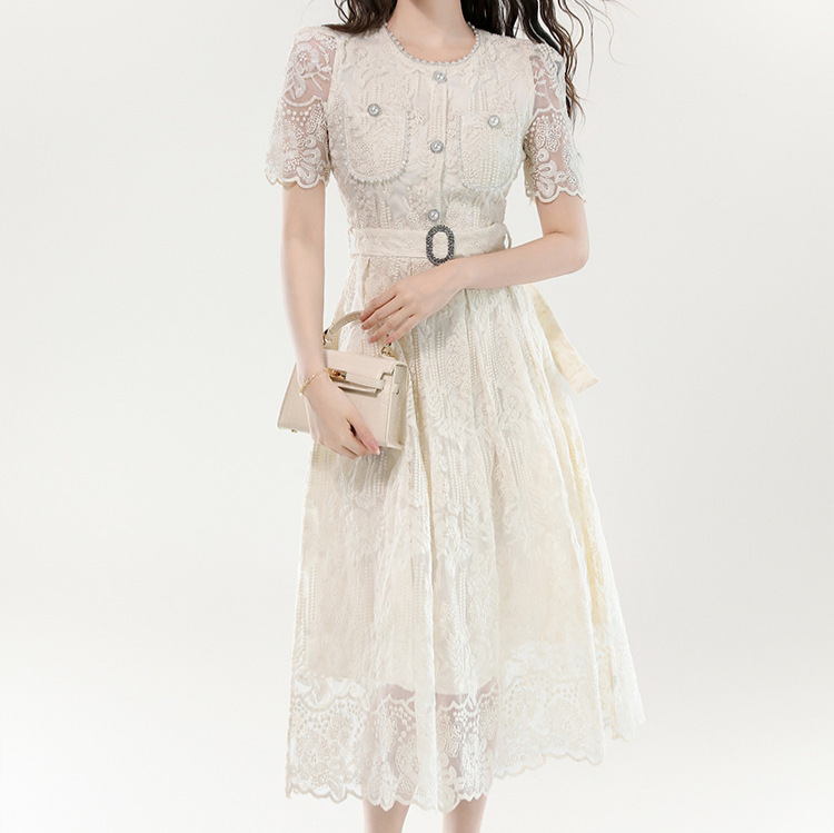 High-End French-Style Socialite Fashion Short Dress with Lace Embroidery, Waist-Cinching Design, Stylish Little Dress for Women