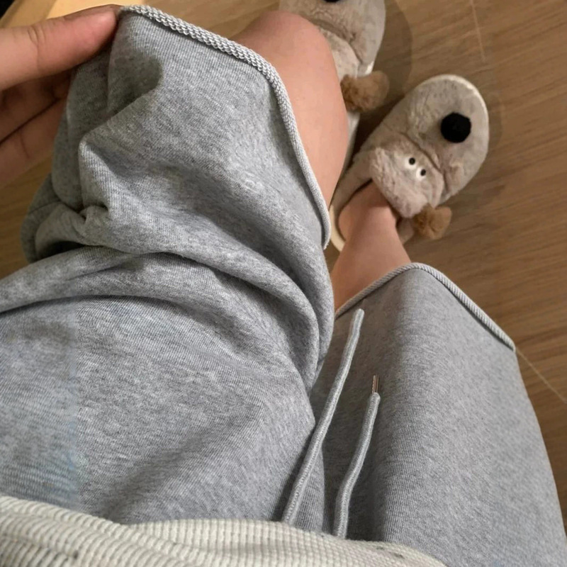 Korean-Style Gray Rolled-Edge Sports Shorts for Women, Summer Thin Style, A-Line Casual Wide-Leg Sweatpants, Loose Three-Quarter Shorts