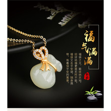 古法金吊坠925银镶和田玉吊坠 银镀金镶玉福袋 七夕送女友礼品