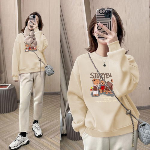 Women's Spring and Autumn Trend Round Neck Sweatshirt, Loose Drop Shoulder Hoodie, Fleece Lined and Thickened Couple's Top for Petite Figures