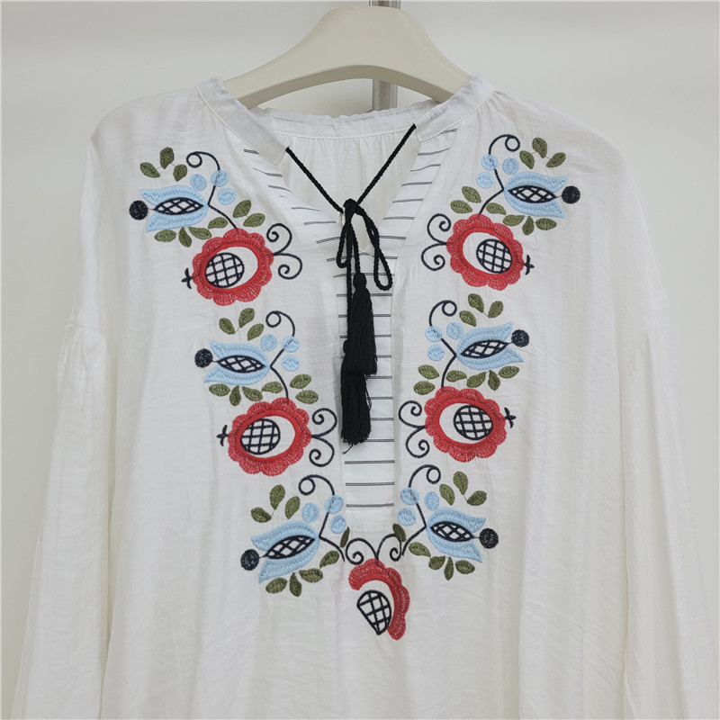 Camisa con Bordado para Mujer Poliéster Cuello V con Lazos