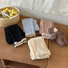 2025韩版女童打底裤外穿春秋季童装洋气坑条修身裤子宝宝蕾丝长裤