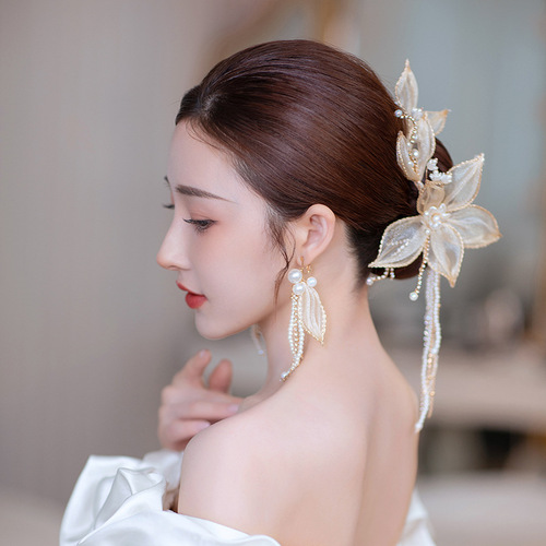 Bridal wedding party photos headdress Korean manual super fairy pearl tassel pearl Fairy hanfu headdress studio photos accessories