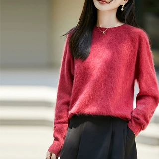 2026秋冬新款长毛拉毛100%羊毛衫针织女圆领宽松女装长袖上衣毛衣
