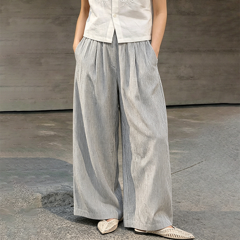 Linen-Colored Loose-Fitting Straight-Leg Pants for Women, Spring and Summer Cotton-Linen Wide-Leg Pants, Plus-Size Long Pants, Striped Cropped Pants