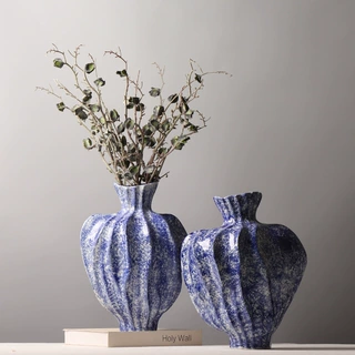 现代简约撞色陶瓷花瓶酒店家居饰品店展厅装饰品创意插花扁瓶摆件