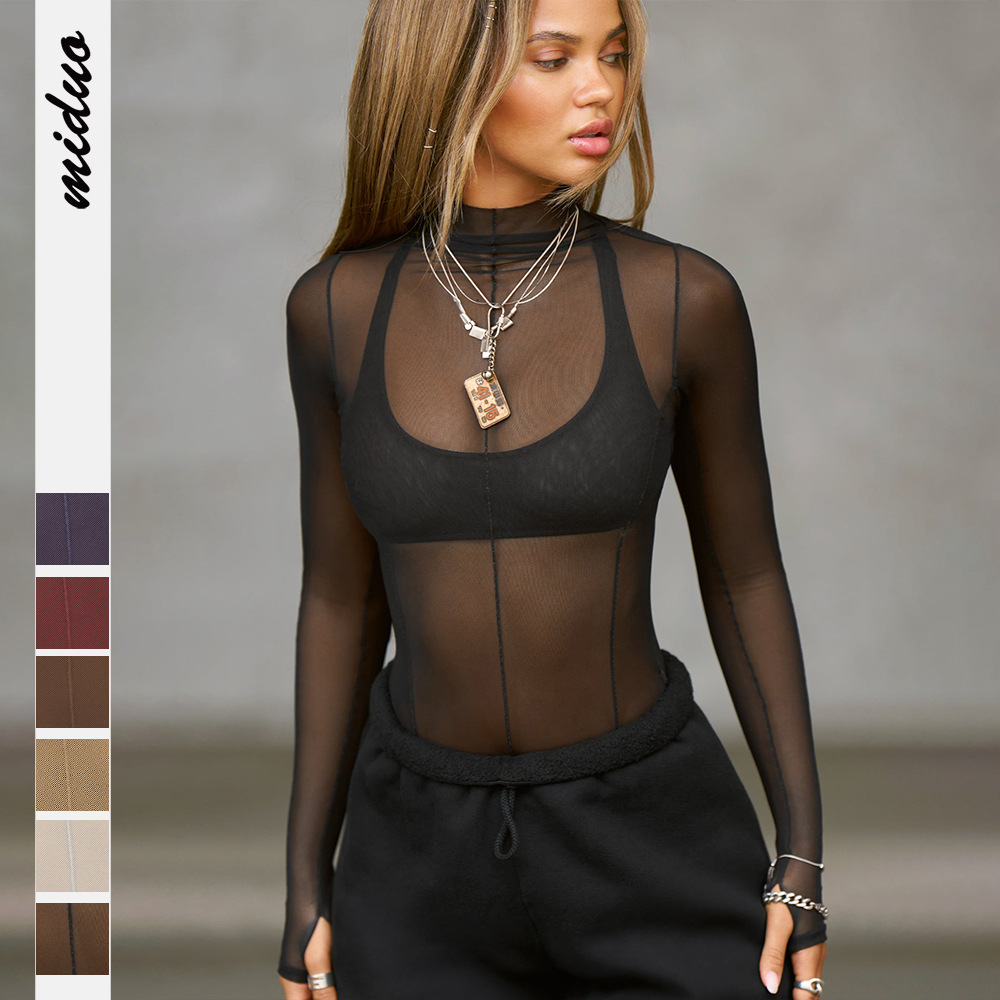 亚马逊爆款欧美性感辣妹网纱透视长袖修身显瘦半高领长袖女装上衣