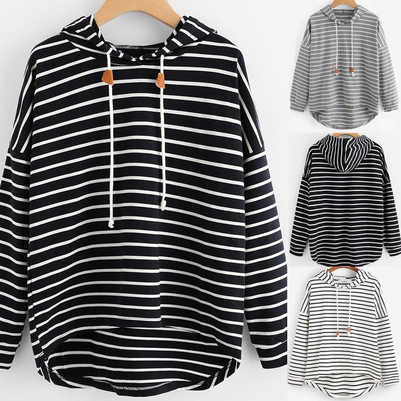 Cross-Border Export Women's Clothing European and American New Amazon Tk Popular Stripesd Long-Sleeved Hooded Long-Sleeved Women's Autum Sweatshirt