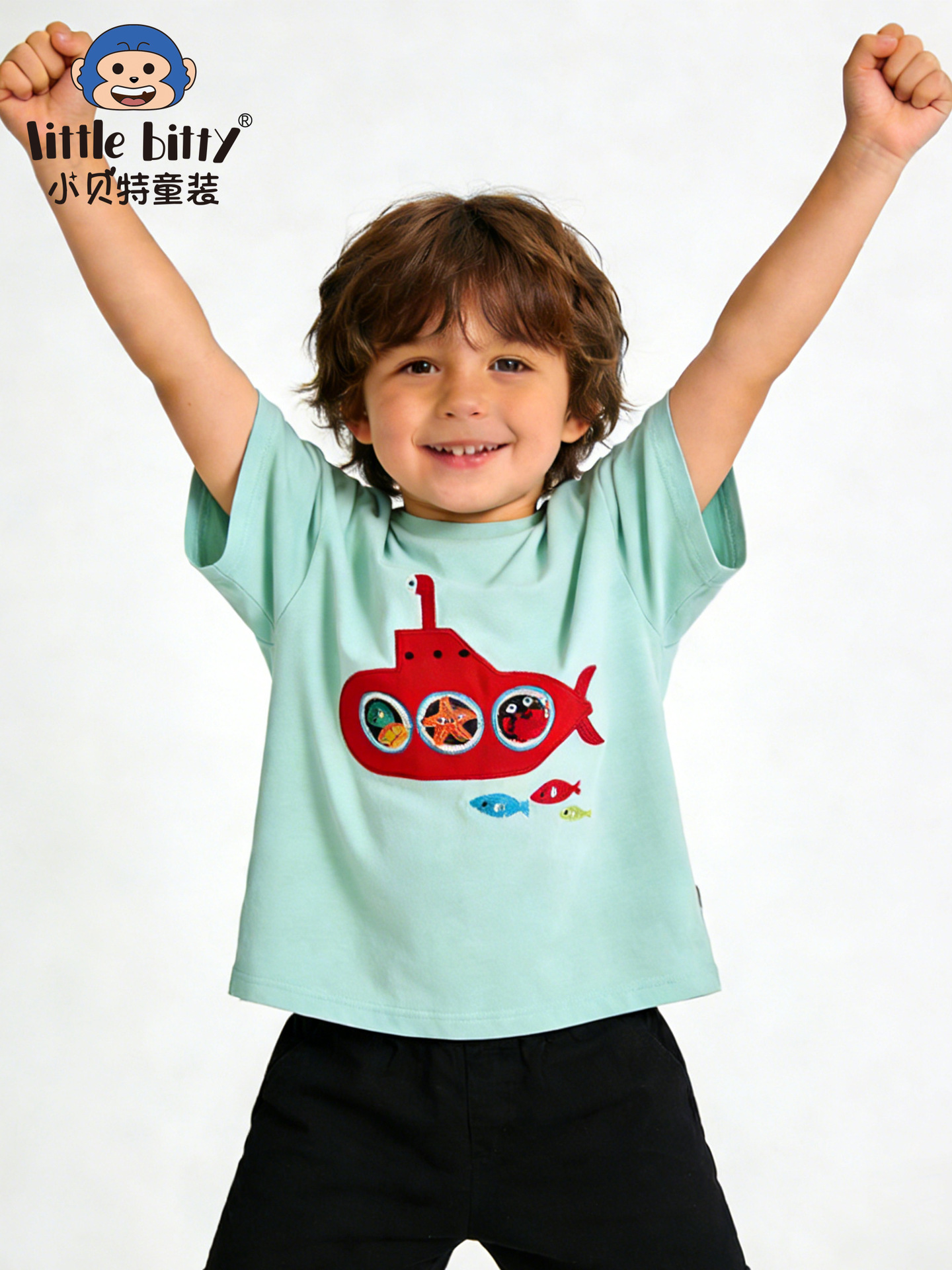 Cross-Border Supply 26 Years of New Spring and Summer Children's Short-Sleeve T-Shirts with Cartoon Ocean Submarine Embroidery for Boys, Round-Neck Tops