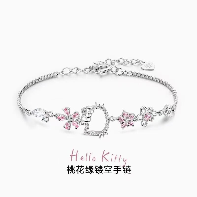 New Hello Kitty Bracelet for Women, Niche Design, Light Luxury, High Aesthetic Value, Sparkling Diamond Hollow-Out Peach Blossom Bracelet New Hello Kitty Bracelet for Women, Niche Design, Light Luxury, High Aesthetic Value, Sparkling Diamond Hollow-Out Peach Blossom Bracelet