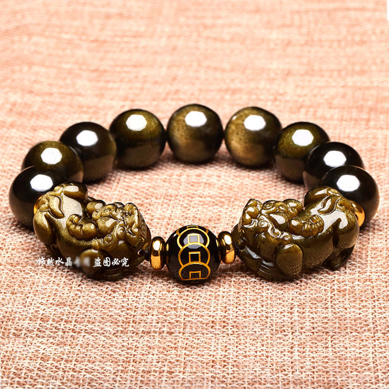 天然黑曜石貔貅手链男女款本命年金曜石手串皮休皮丘生日礼物