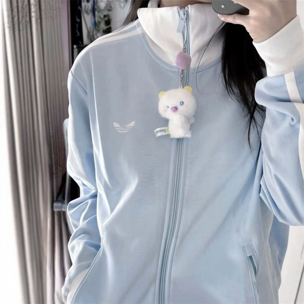 Spring and Autumn Popular Embroidered Logo Light Blue Three-Stripe Casual Sports Top Unisex Fashion Trendy Loose Jacket