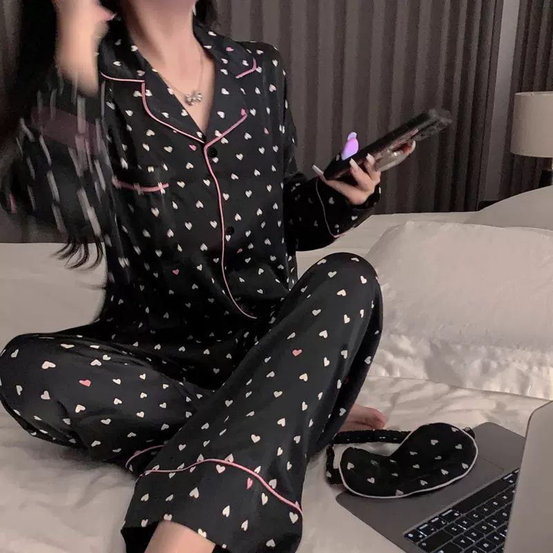 跨境丝绸手感冰丝女士睡衣春夏新款满印爱心学生家居服两件套批发