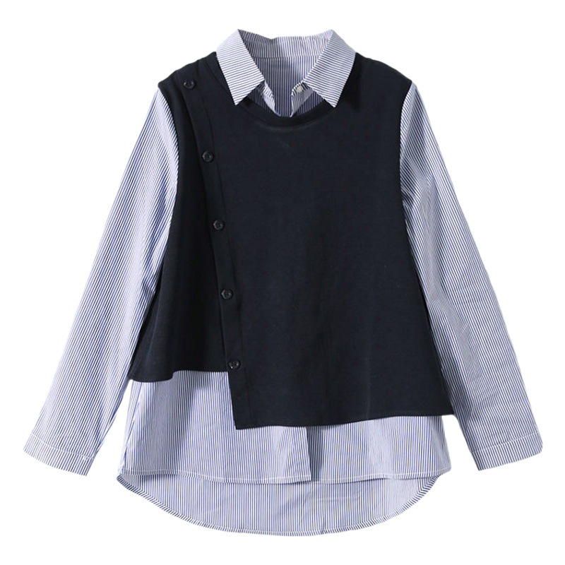Costura de punto directa de fábrica falsa camisa a rayas de dos piezas manga larga de las mujeres Nuevo adelgazamiento suelto temperamento artístico superior
