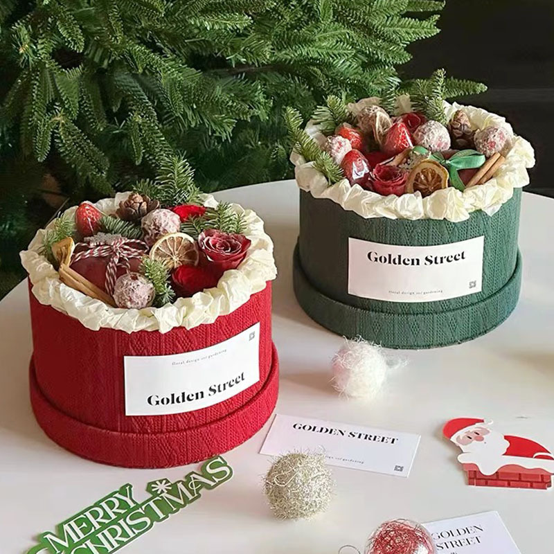 圣诞节花束材料平安果礼物盒圆形抱抱桶红绿色圣诞礼盒空盒包装盒