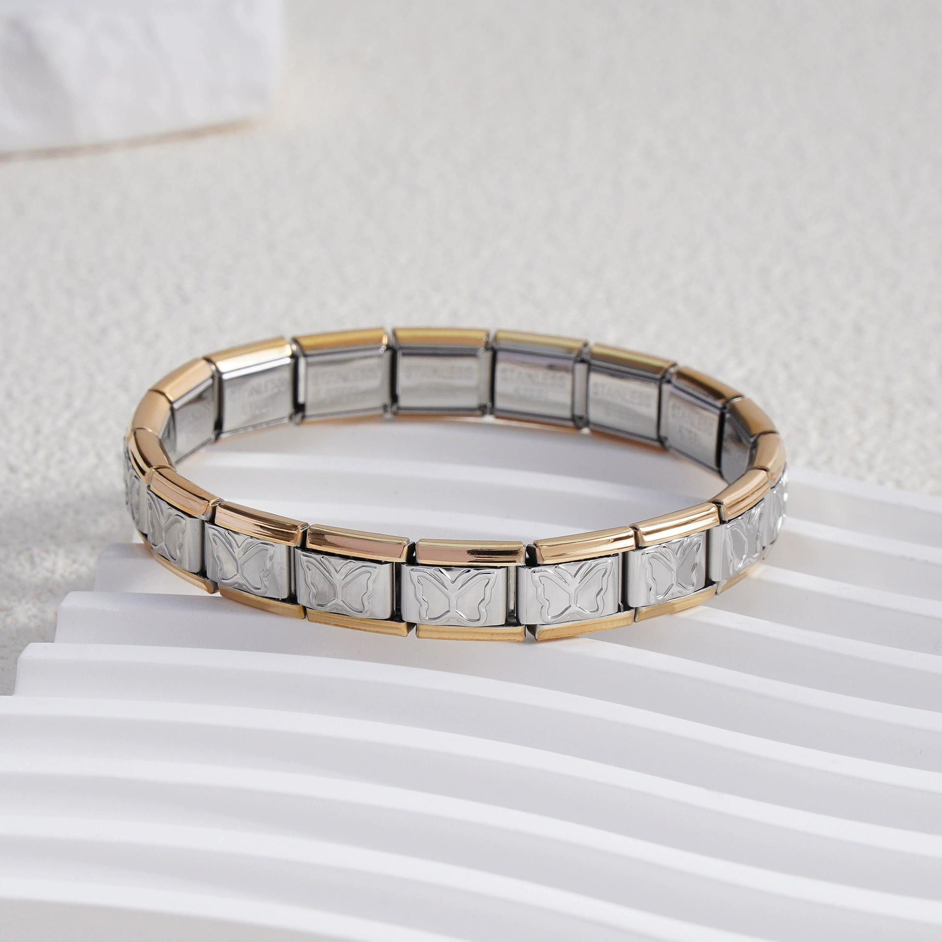 stainless steel bracelet, removable elastic link watch strap, italian european style, assorted charms