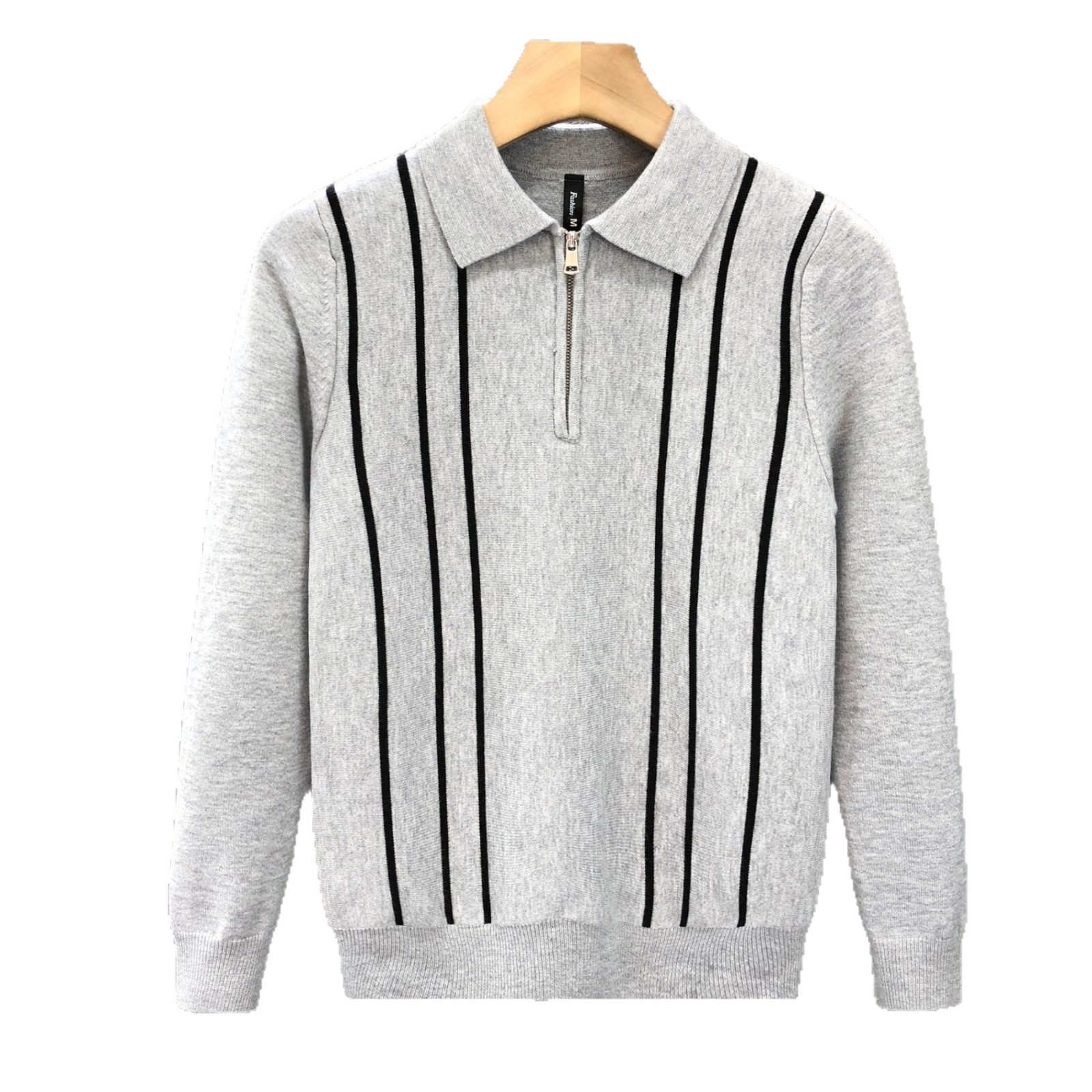 Schmal geschnittener Polo-Strickpullover für Herren mit halbem Reißverschluss und Streifenmuster – atmungsaktiv, dehnbar und maschinenwaschbar – Business-Casual-Pullover_voghion.com
