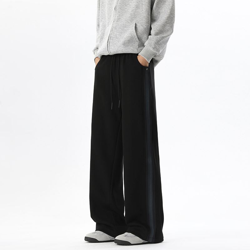 Black Curved Hem Air-layer Drawstring Sweatp For Men, Spring Cleanfit High Street Patchwork Striped Retro Wide-leg_voghion.com