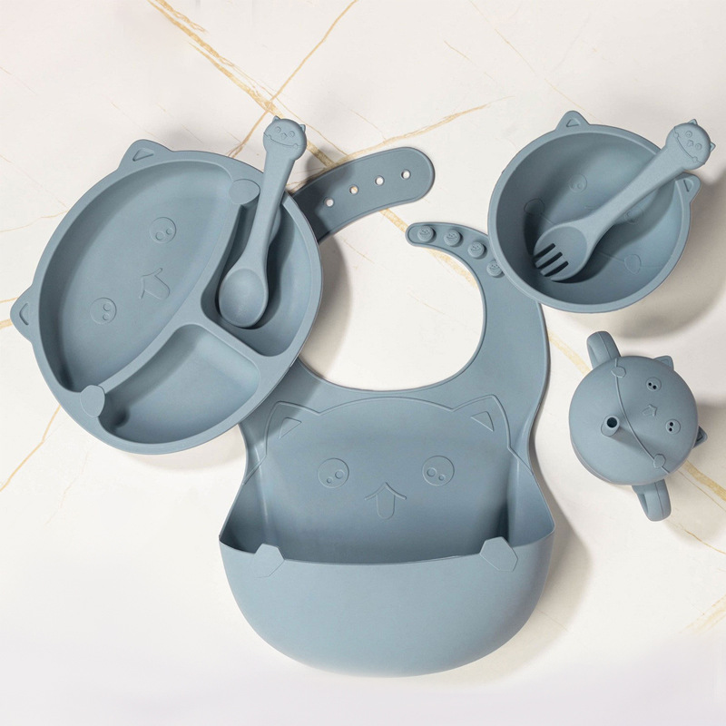 Cross-Border Children's Food-Grade Silicone Bowl, Spoon, Food Supplement Tableware Set, Eating Compartment Lunch Box, Bib, Water Cup, Feeding Set