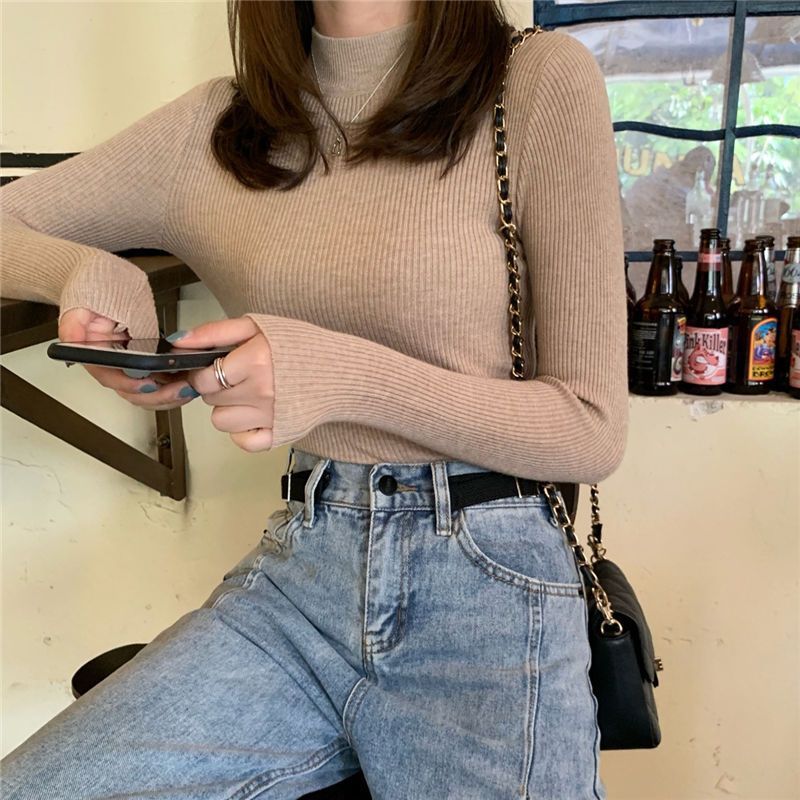 温柔风套头半高领毛衣紧身长袖针织打底衫女秋季2025新款显瘦上衣|undefined