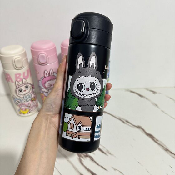 New Labubu Cartoon Thermos Cup Rab Cloth Buckle Cup 304 Stainless Steel Vacuum Pea Cup Convenient Household