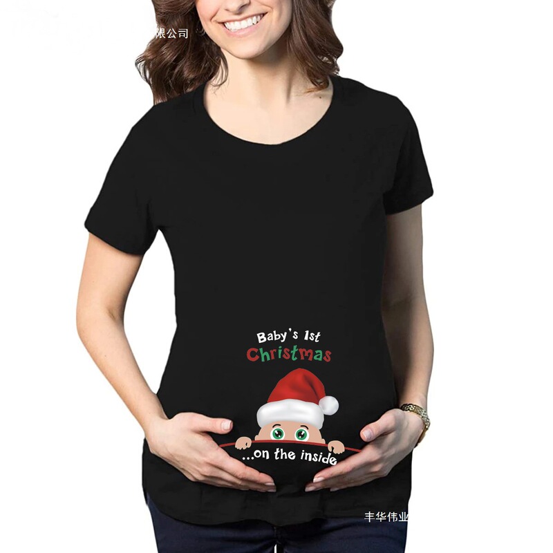 European and American Baby Christmas Cartoon Print Maternity Top Pregnancy Round Neck Short-Sleeved Black T-Shirt