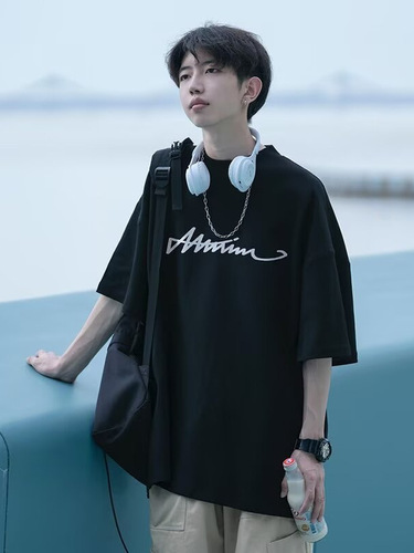 Men's Short Sleeve T-shirt Summer Trend Brand Loose Casual 2025 Trend Ins Simple Print Top Men's Clothing