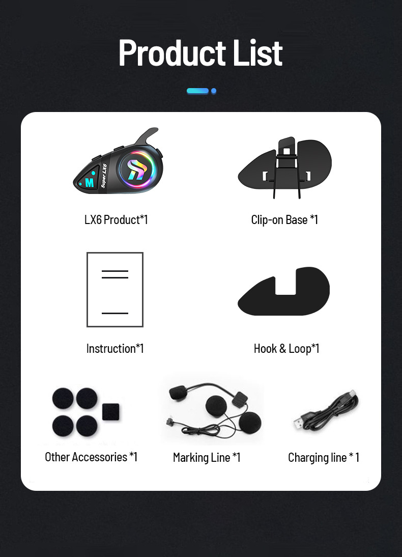 Motorcycle helmet Bluetooth headset LX6, waterproof, noise-reducing, four sound effects, riding headset, direct factory supply, samples available