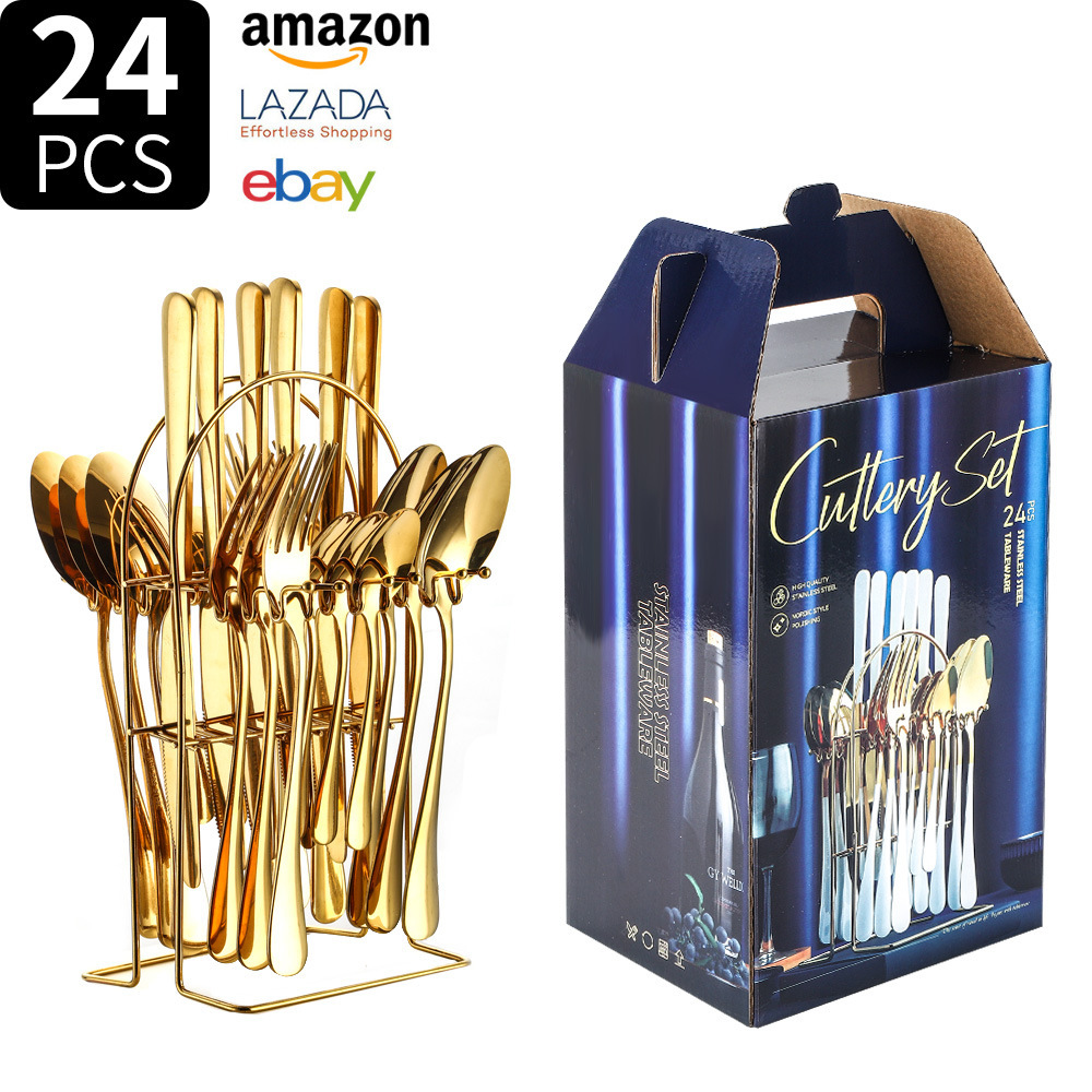 Fuente transfronteriza Amazon 1010 cubiertos de acero inoxidable cuchillo de comida occidental tenedor cuchara 24 piezas caja de regalo cuchara hotel