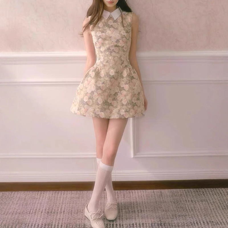 Rose Oil Painting Shirt Collar Sleeveless Dress Women's Autumn Style Fluffy Slim Waist Vest Dress