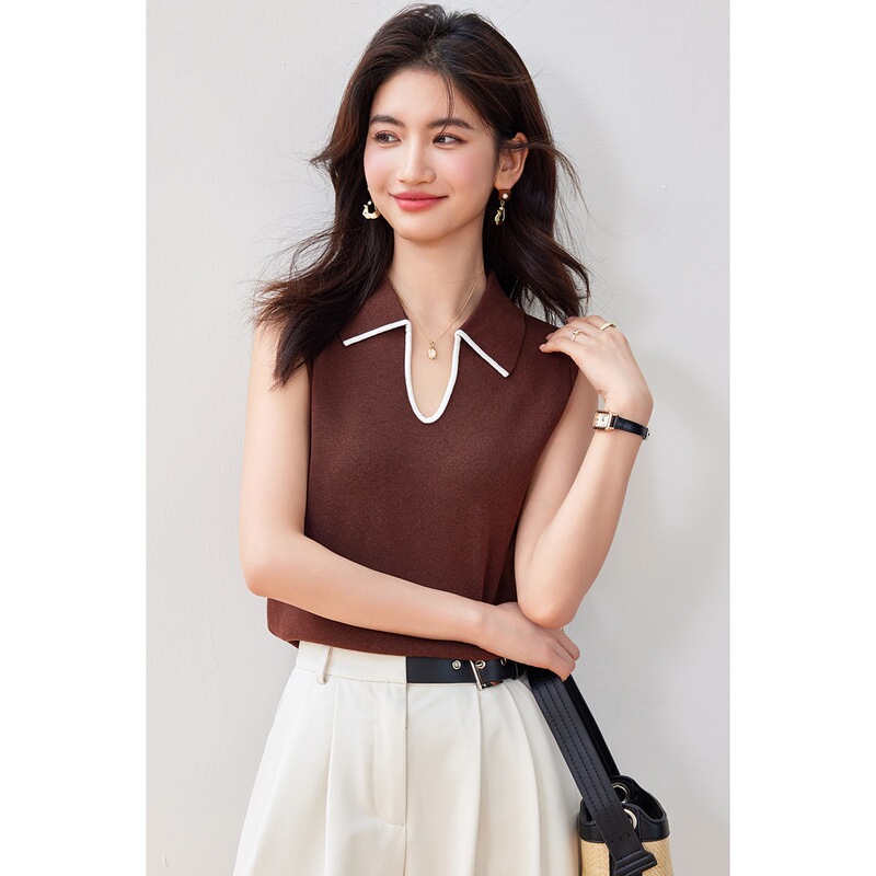 Summer Thin Knit Vest for Women 2026 New Style Plus Size Turn-Down Collar Color-Blocking Sleeveless Top with a High-End Feel