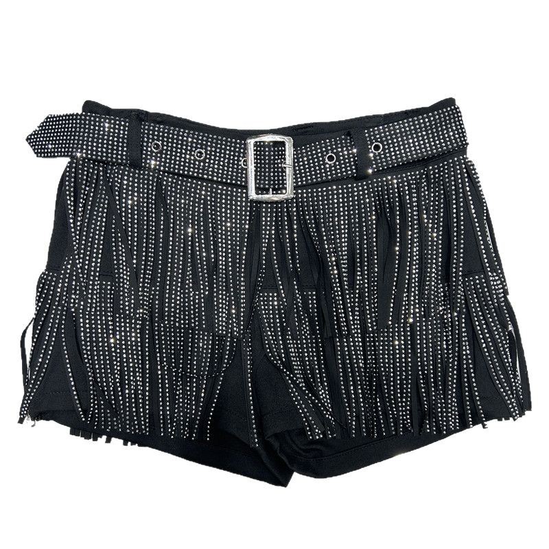 Shorts con Pedrería y Flecos Ligeramente Elástico para Verano