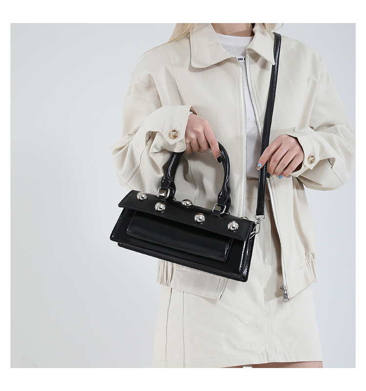 772g Weight Rivet Fashion Element Magnetic Buckle Closure Type Single Shoulder Strap, Top Handle Strap Type Handbag, Crossbody Bag Bags Type Daily Occasion Pu Leather Material Solid Color Pattern All Seasons Season Women's Gender Classic Style Style Square Shape Small Size Women's Small Pu Leather Solid Color Classic Style Rivet Square Magnetic Buckle Handbag Crossbody Bag 12