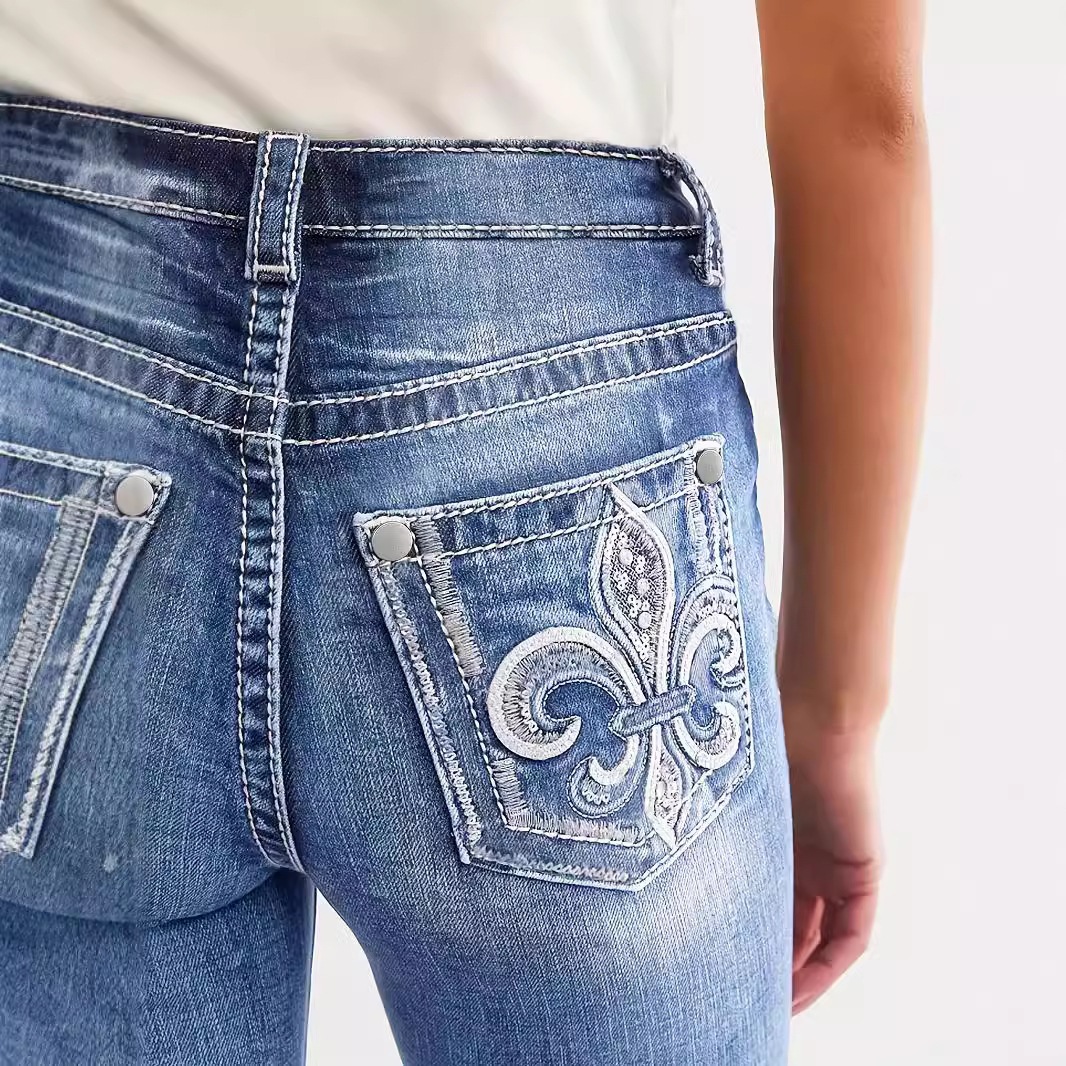 Jeans Rectos Bordados para Mujer, Mezclilla de Algodón, Cintura Alta, Alta Elasticidad image 5