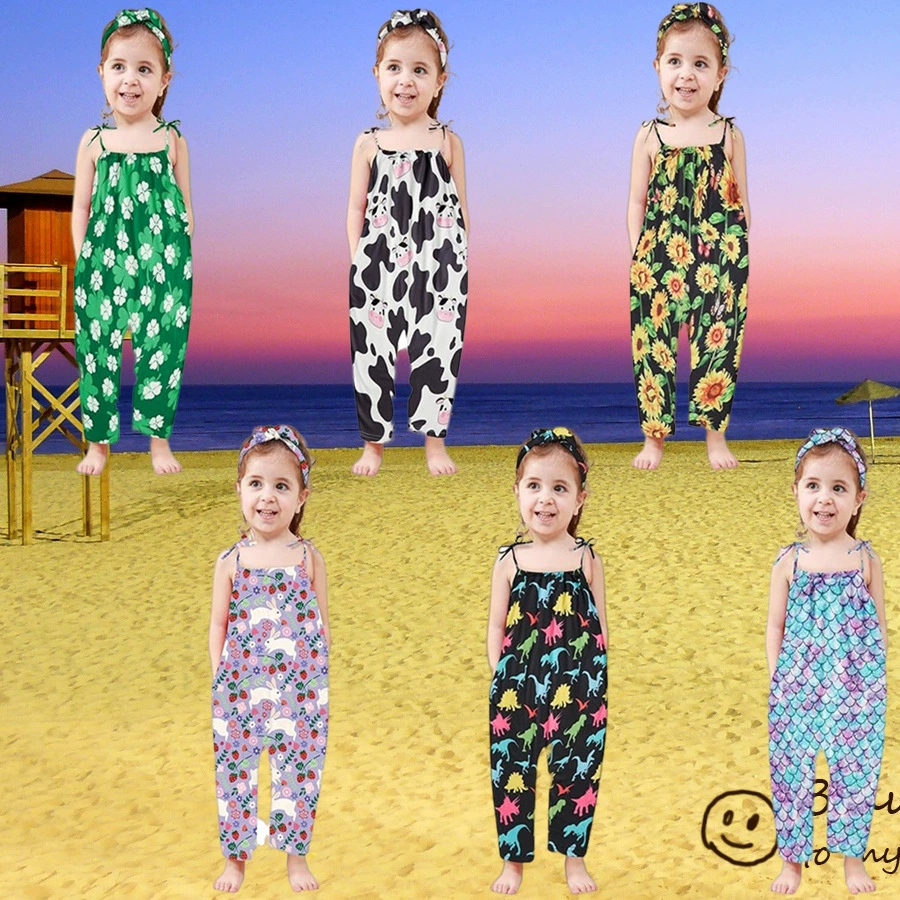 2024 Амазонка Горячая детская одежда Детские девочки комбинезон Летняя одежда Регулируемые карманы на шнуровке