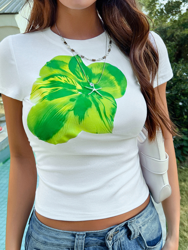 Spring Summer Top Women Casual Slim Fit Waist Floral Printed Short Sleeve T shirt